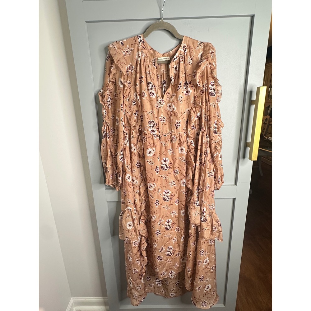 Ulla Johnson Silk Lurex Ruffle Floral Midi Dress Terracotta Pink Gold Size 2